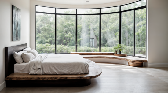 Blick in ein Schlafzimmer mit organisch geformten Möbeln, ein Bett mit natürlicher Holzkante, große, abgerundete Fensterfront mit einer Sitzgelegenheit