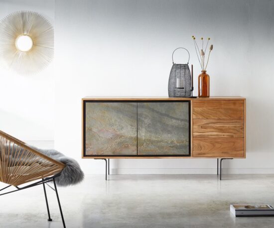 sideboard aus massivholz mit schieferelement - ein außergewöhnliches sideboard, das stein und holz verbindet