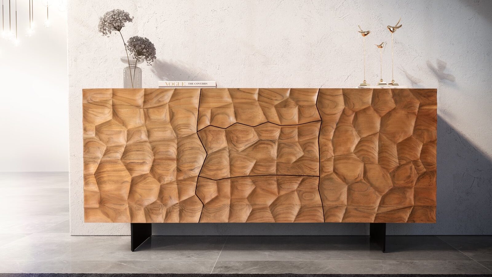 Ein Sideboard aus Massivholz mit 2 Türen und drei Schubladen hat eine Front wie eine Wabenstruktur, die in 3D gefräst wurde