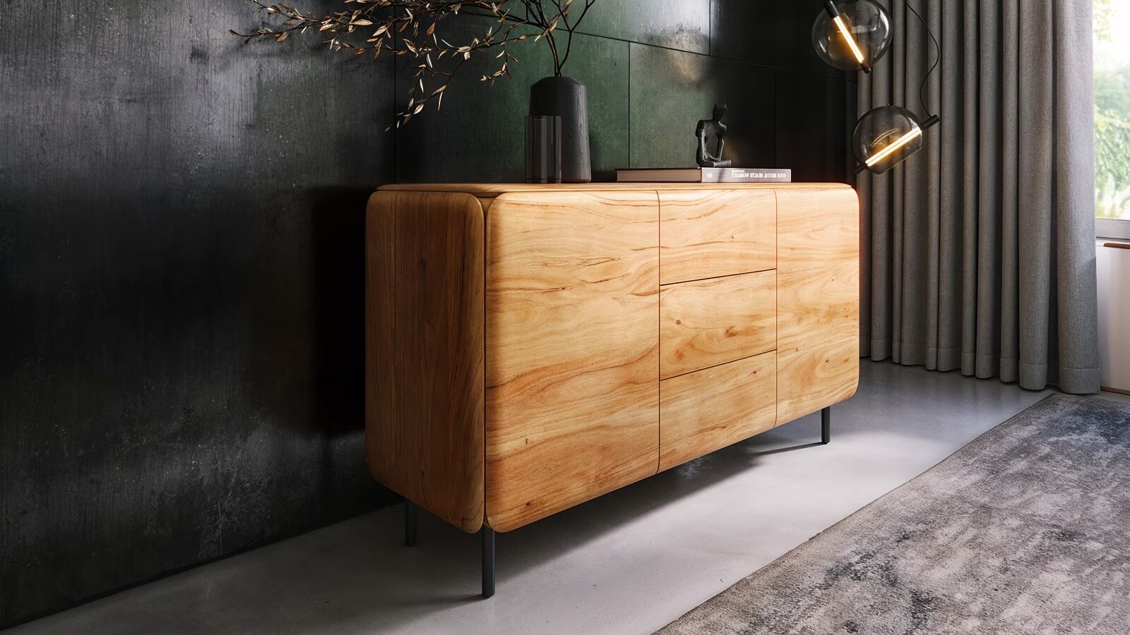 Ein Sideboard ohne harte Kanten aus massivem Akazienholz - alle Kanten und Ecken wurden gefräst und abgerundet